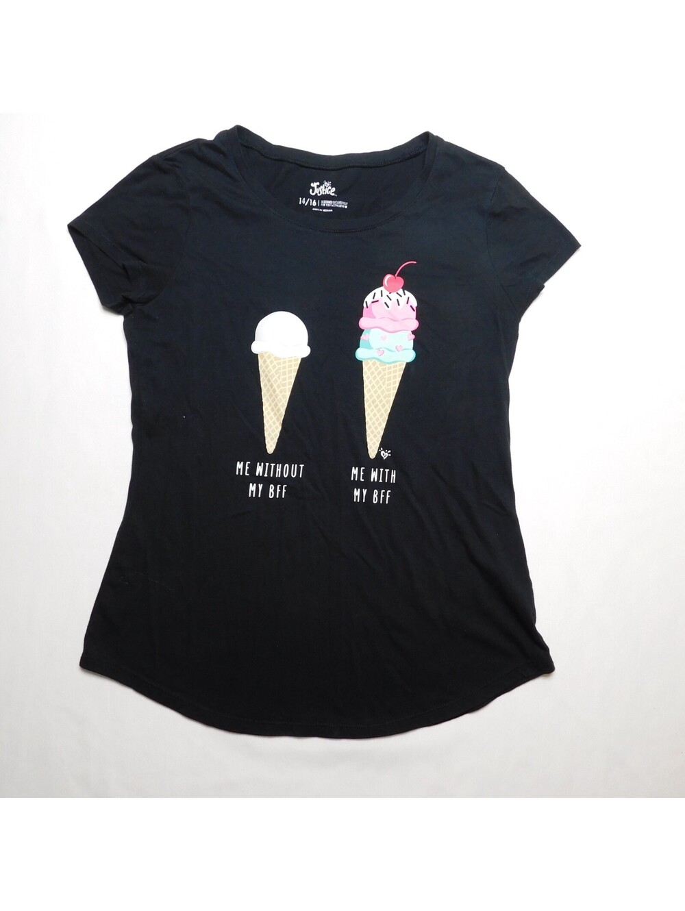 Justice Girls Shirt Size 14 16 Black Ice Cream Cone BFF Graphic Short Sleeve Tee